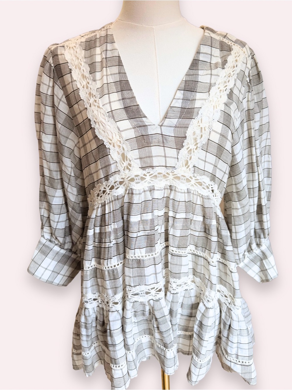 NWT Free People Time Out Lace Plaid Tunic Babydoll Blouse Top